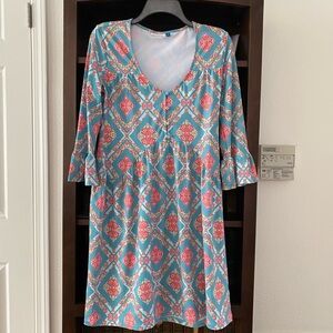 Blue and Pink Casual Sundress with Bell Sleeves